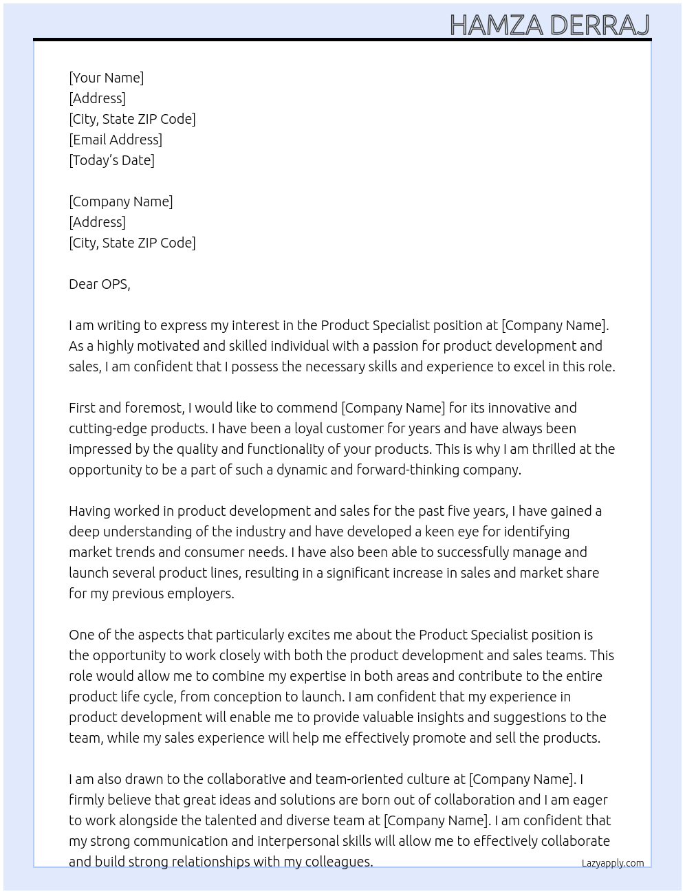 Product specialist At Hamza Derraj Cover Letter