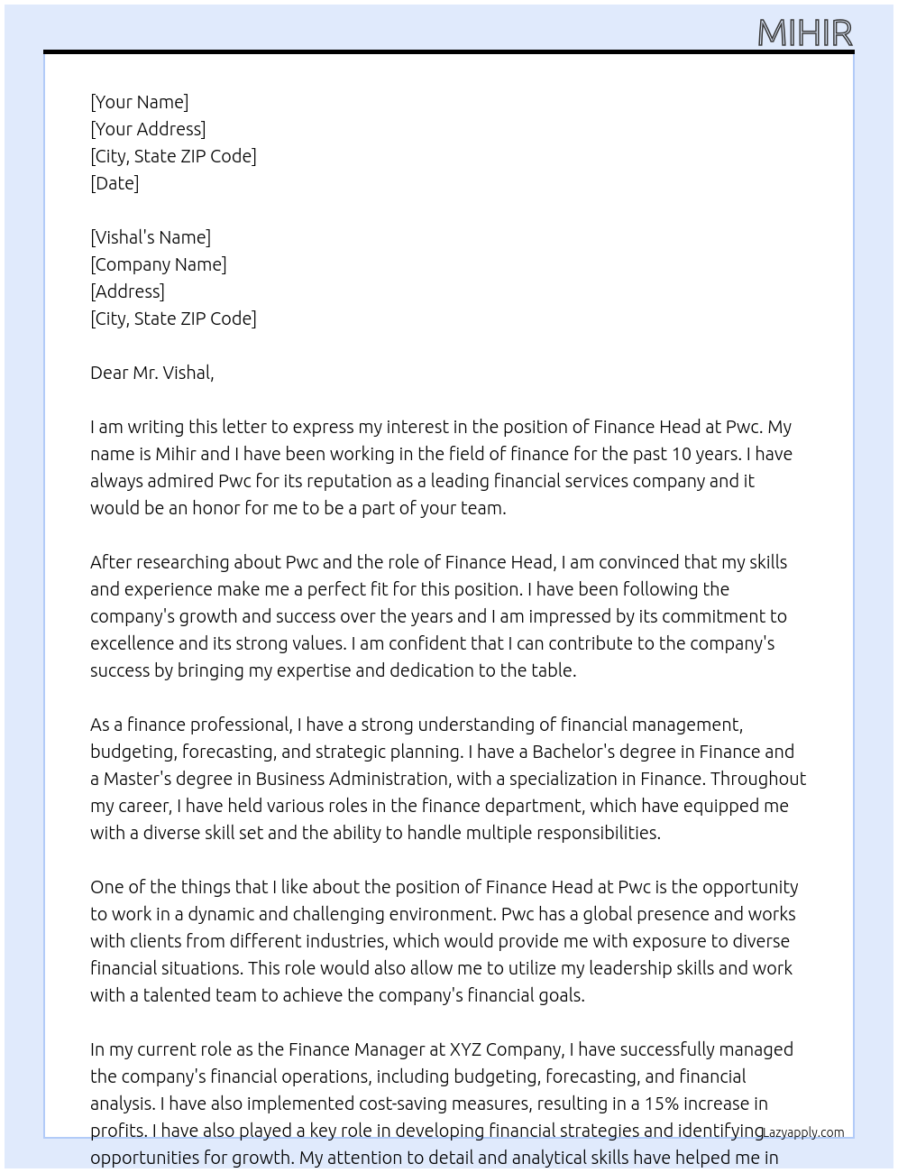 Finance head At Pwc Cover Letter