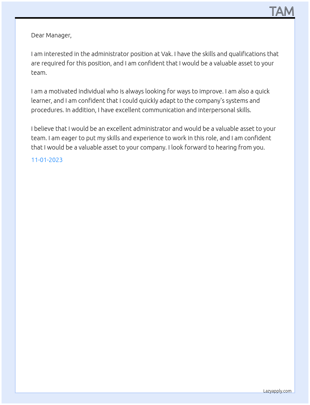 adminstrator  At vak Cover Letter