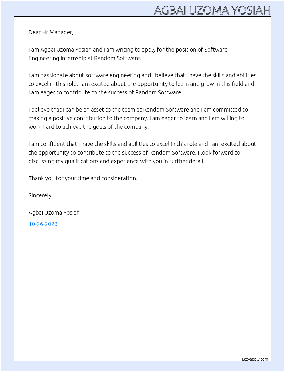 Software Engineering Internship At Random Software Cover Letter