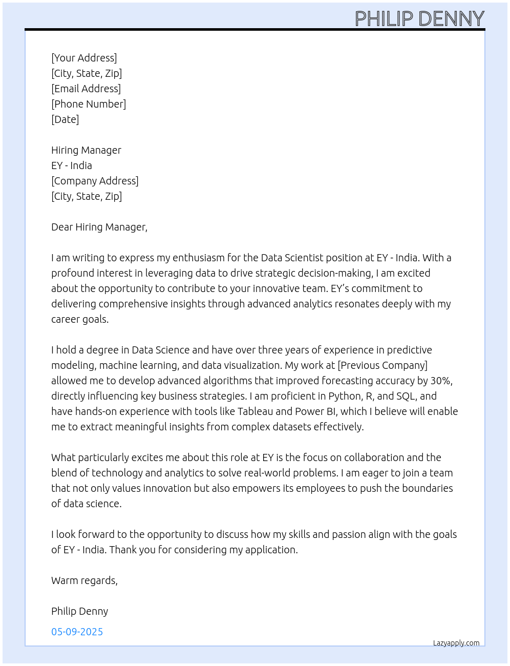 Data Scientist At EY - India Cover Letter