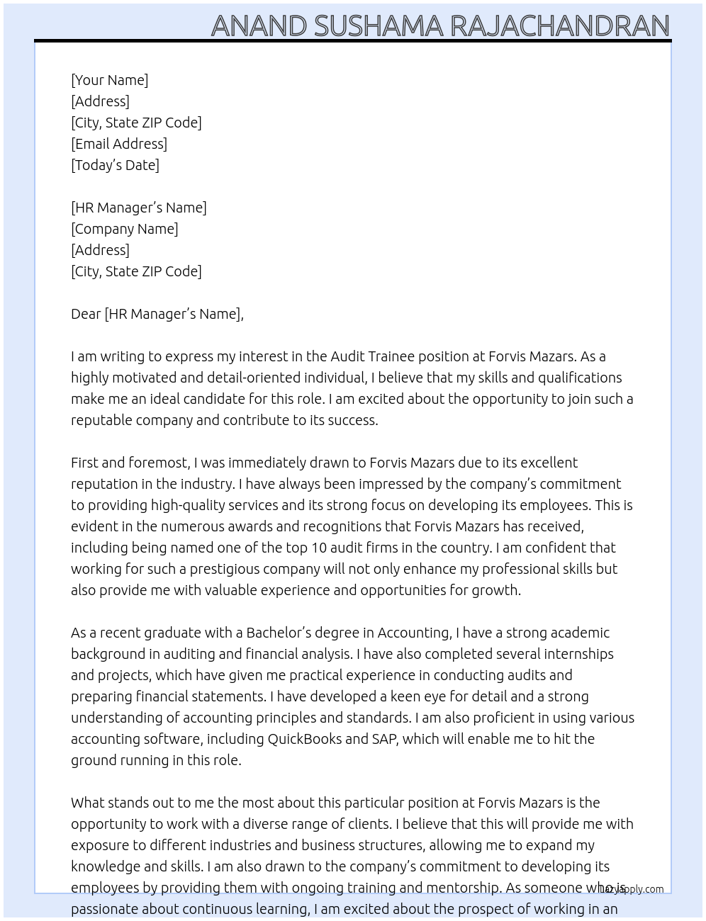 Audit trainee At forvis mazars Cover Letter