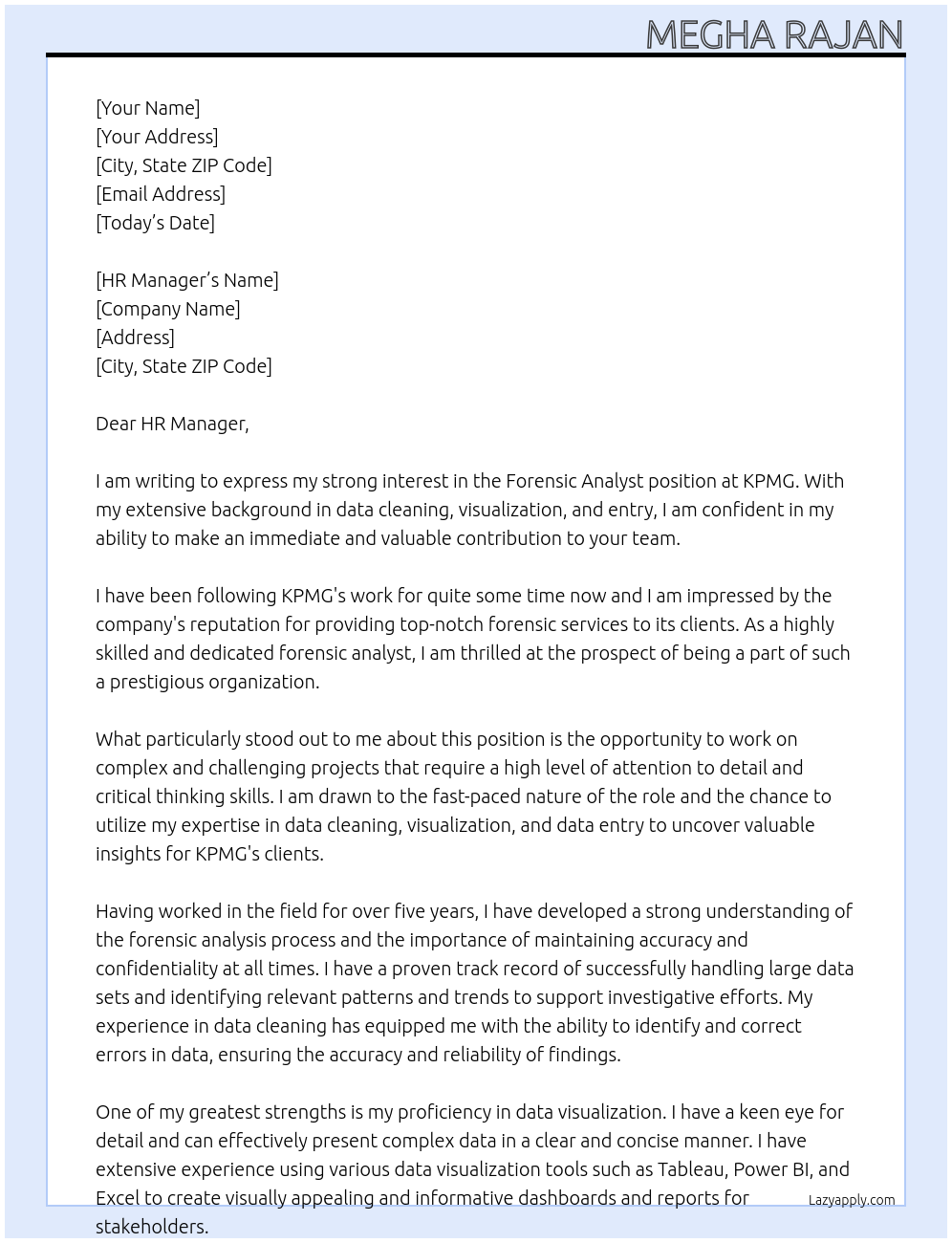 Forensic analyst  At KPMG Cover Letter