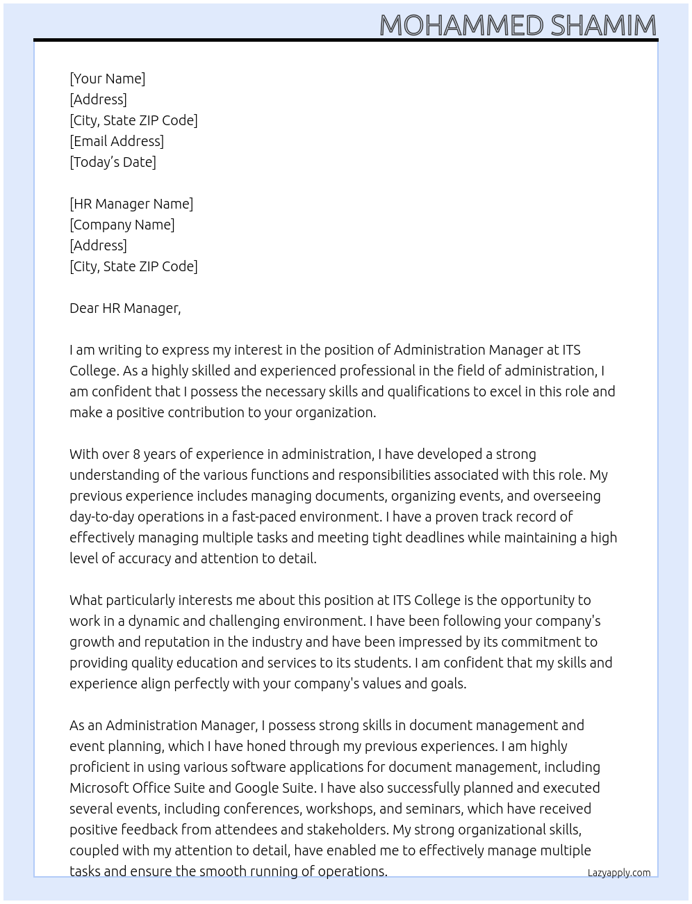 Administration manager At ITS College Cover Letter