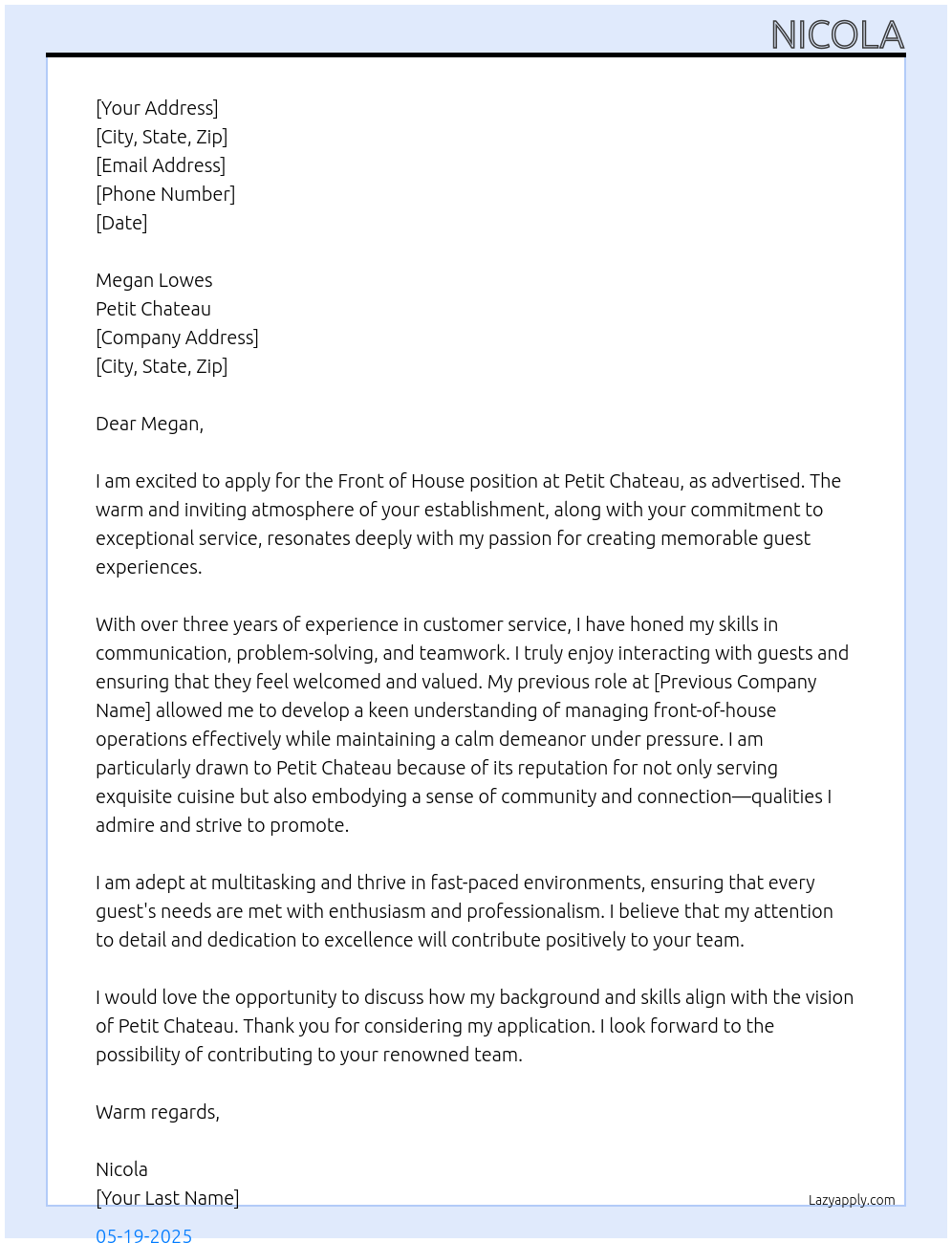 Front of house At Petit chateau Cover Letter