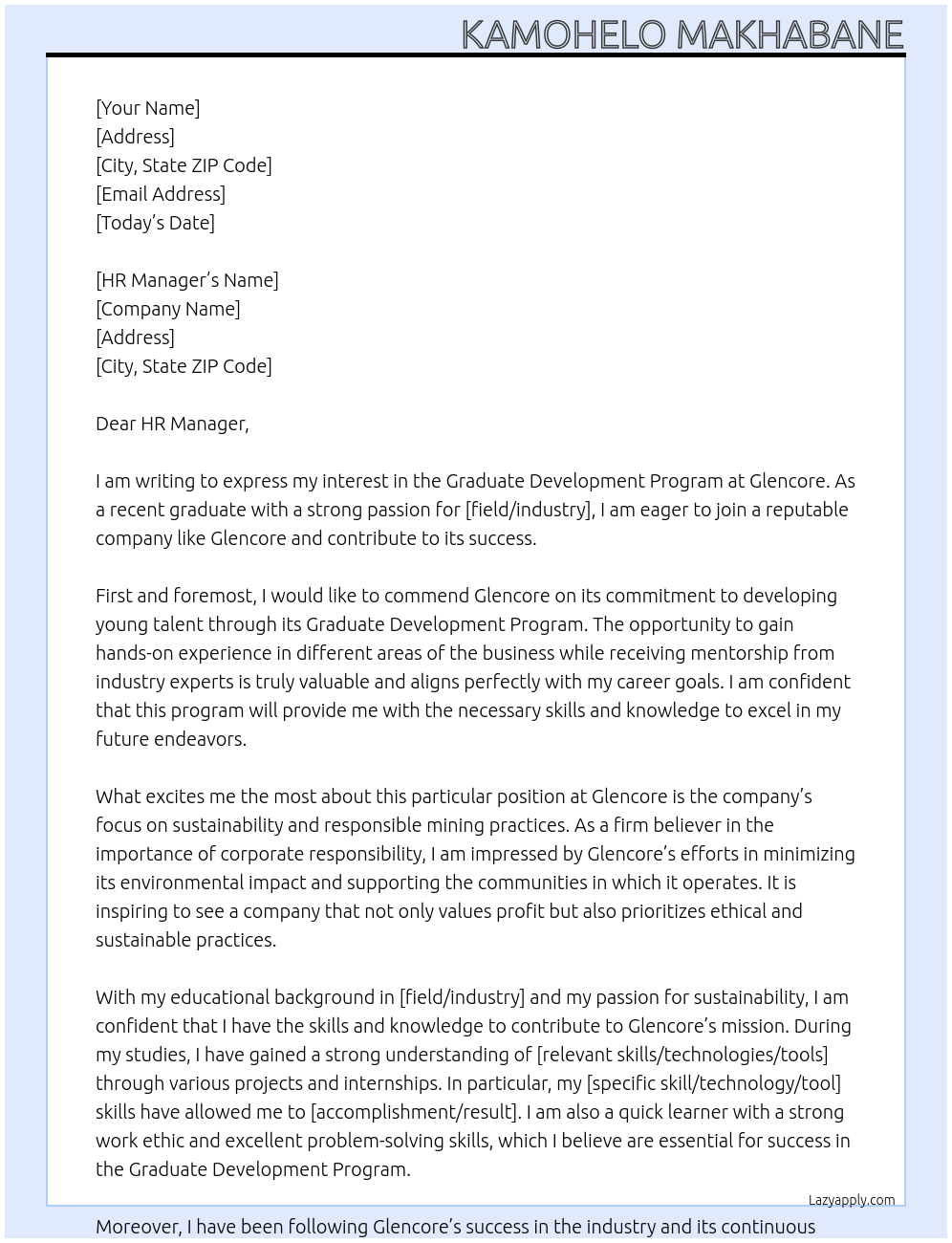 Graduate Development Program At Glencore Cover Letter