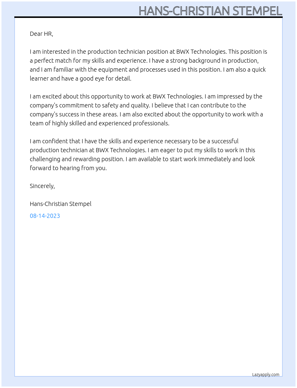 production technician At BWX Technologies Cover Letter