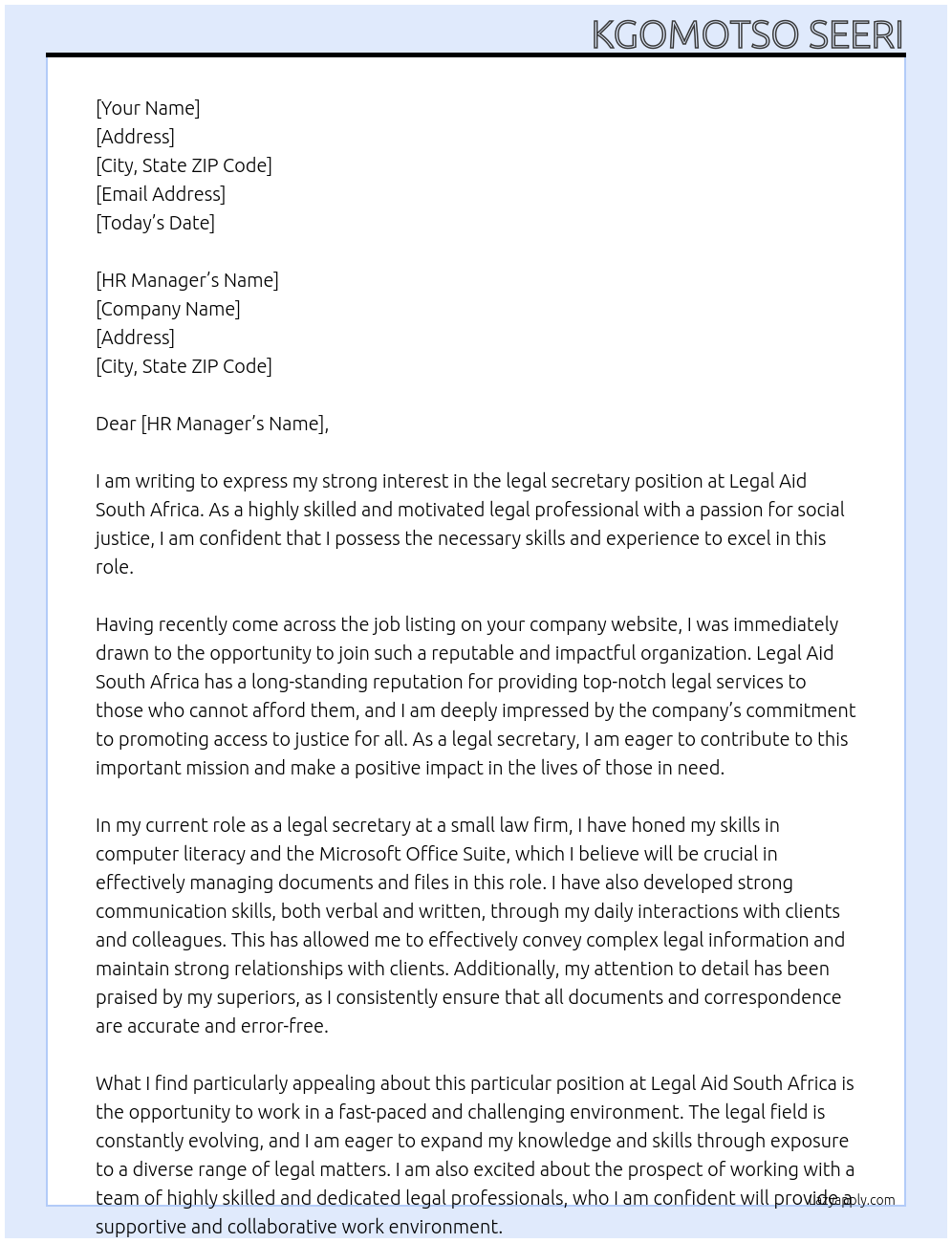 legal secretary At Legal Aid South Africa Cover Letter