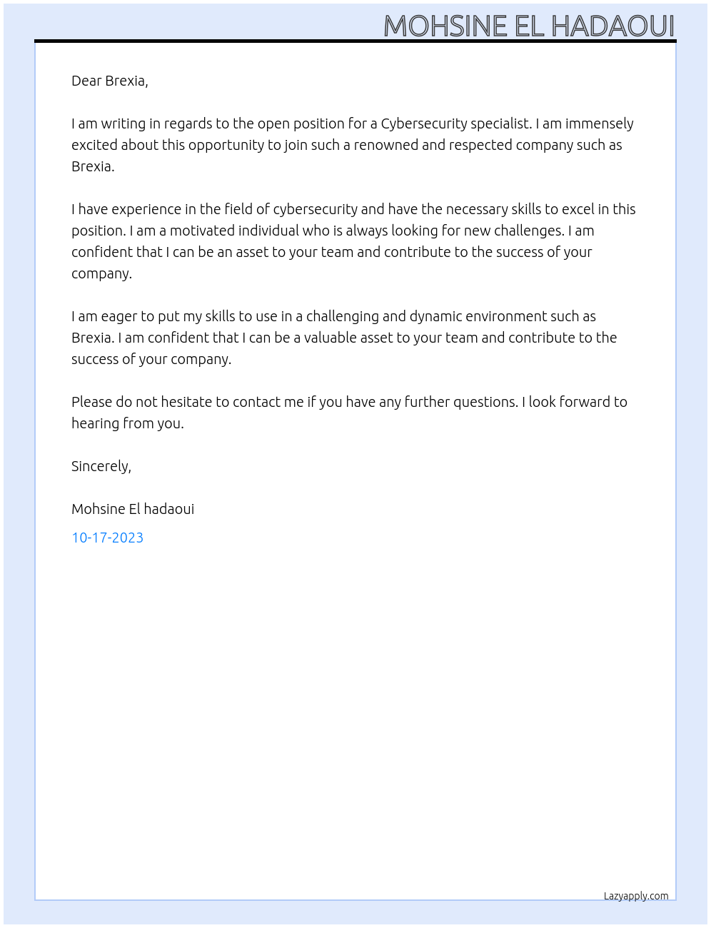 Cybersecurity At Brexia Cover Letter