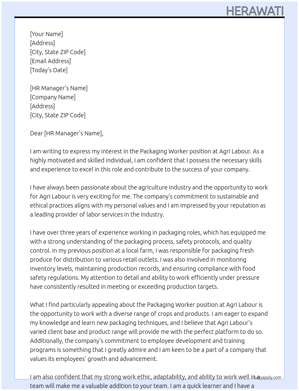 packaging worker At Agri Labour Cover Letter