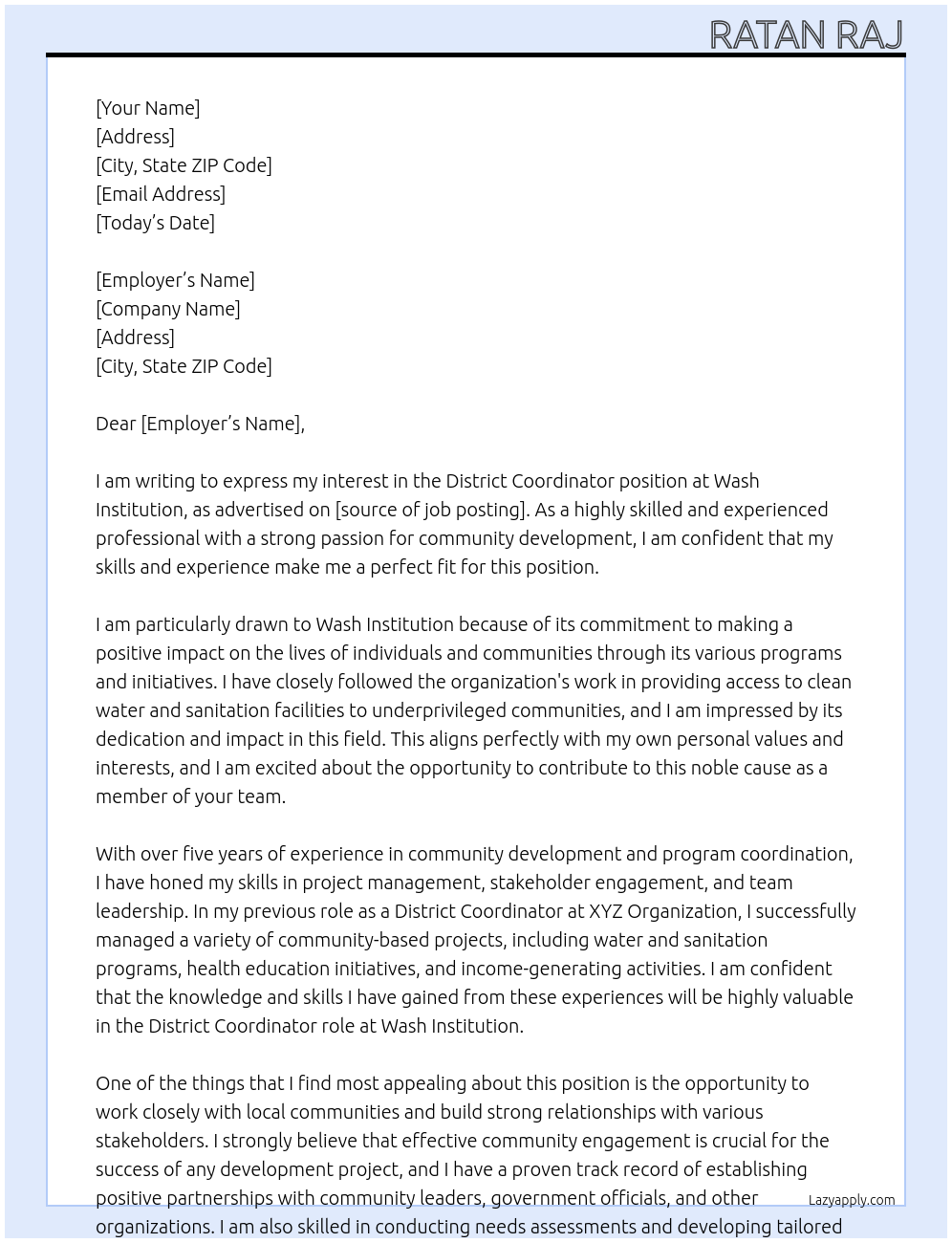 District Coordinator At Wash institution Cover Letter