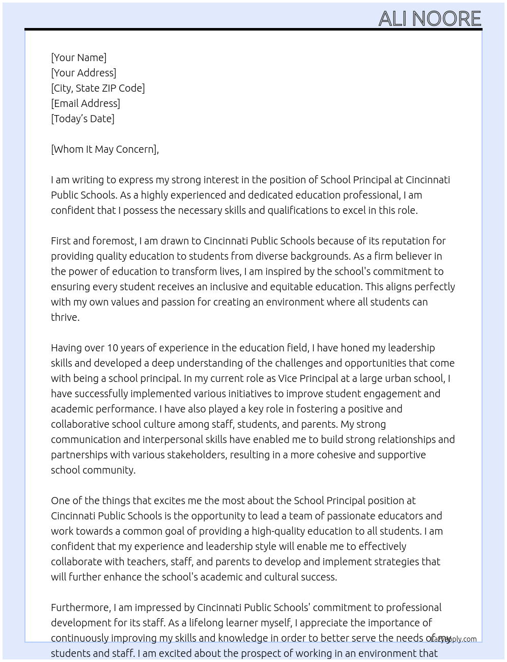 School Principal At Cincinnati Public Schools Cover Letter