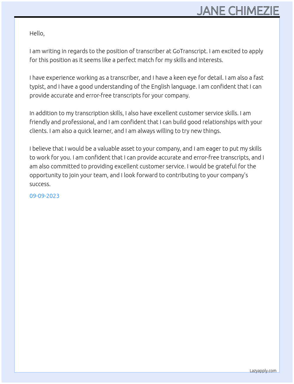 Transcriber At GoTranscript Cover Letter