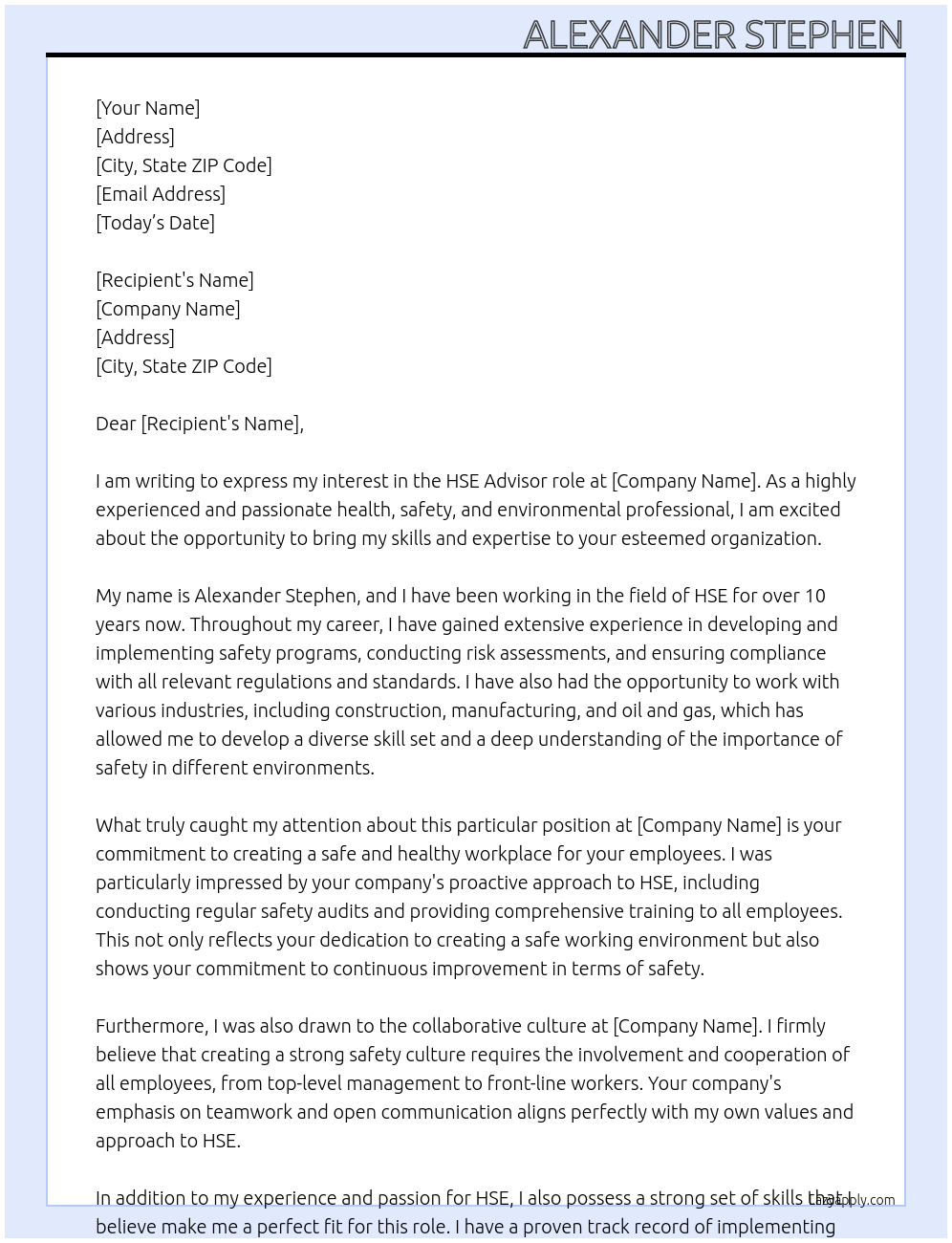 HSE Advisor At [INSERT NAME] Cover Letter