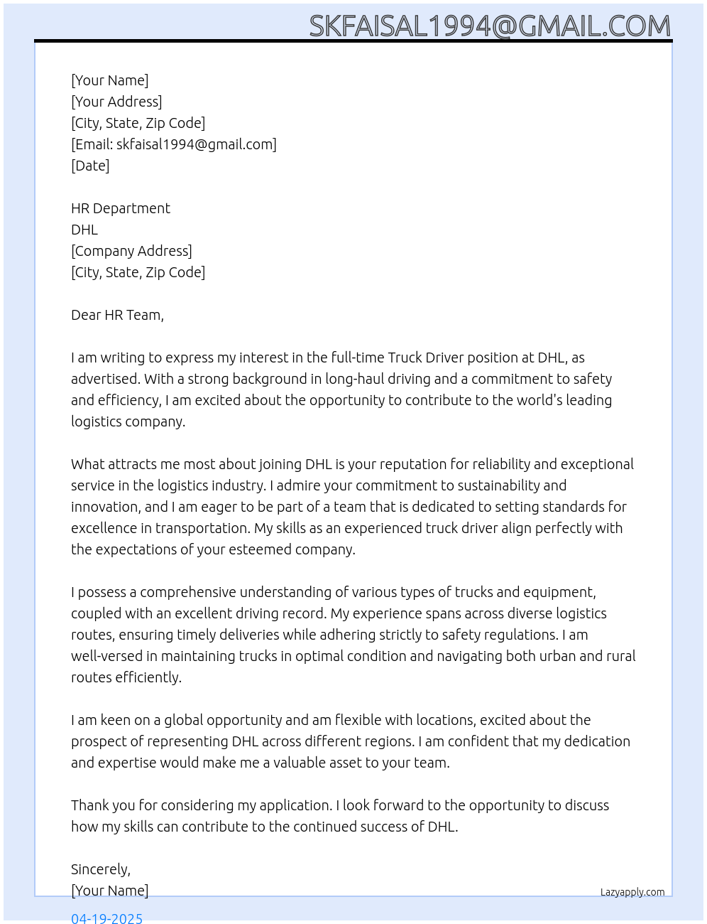 Truck driver At Dhl Cover Letter