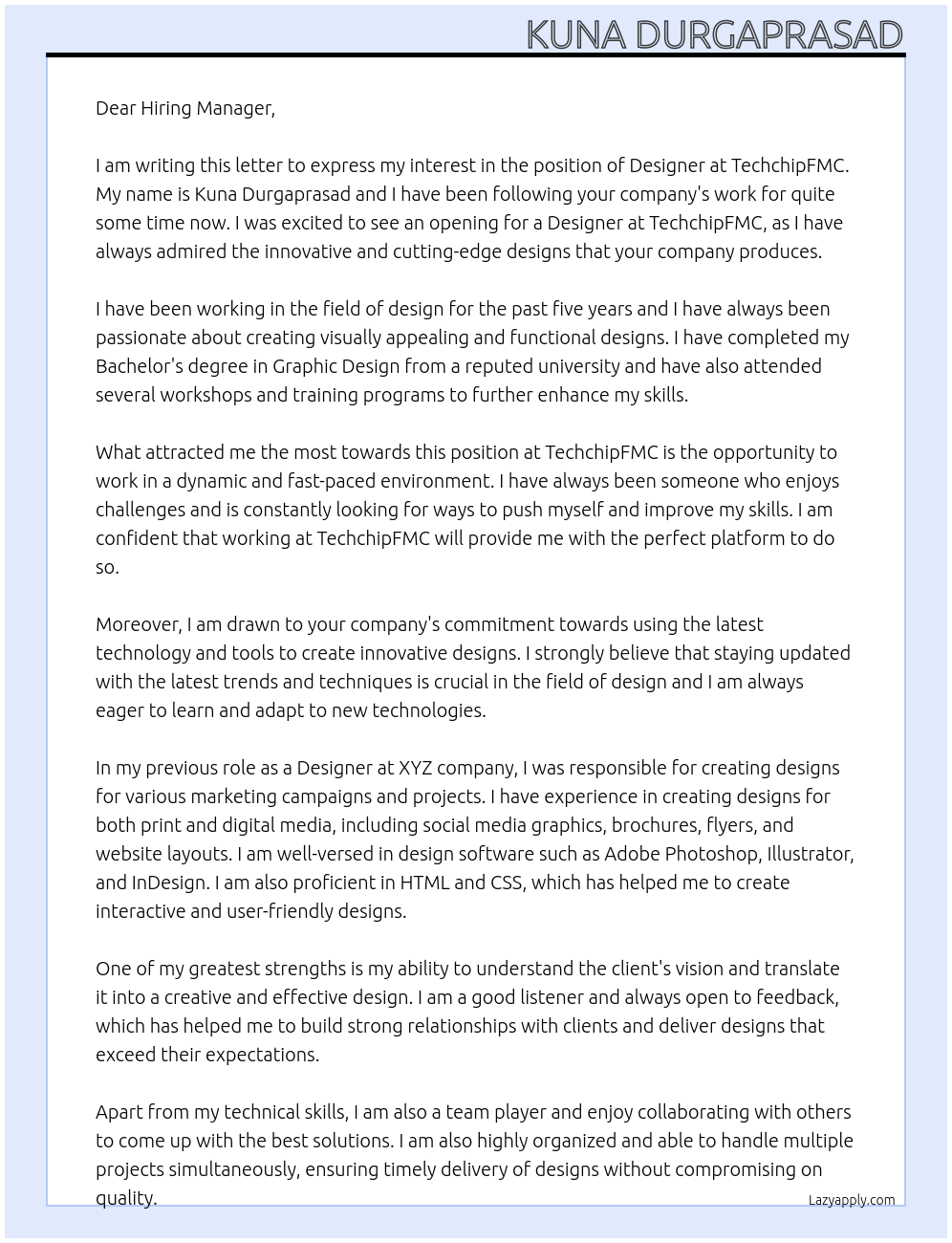 Designer At TechchipFMC Cover Letter