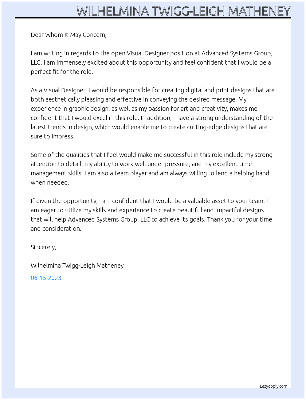 Visual Designer At Advanced Systems Group, LLC Cover Letter