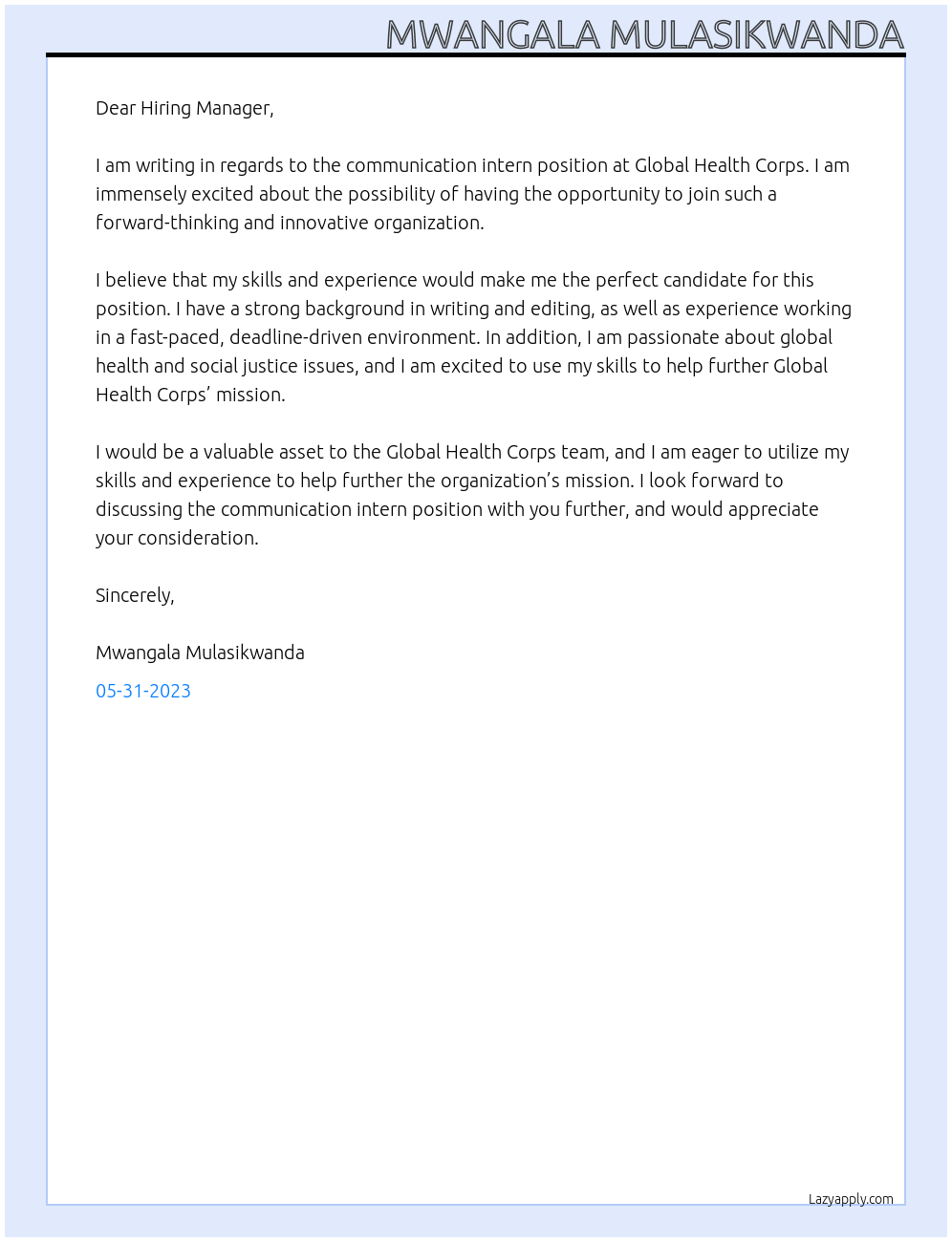 communication intern At Global Health Corps Cover Letter