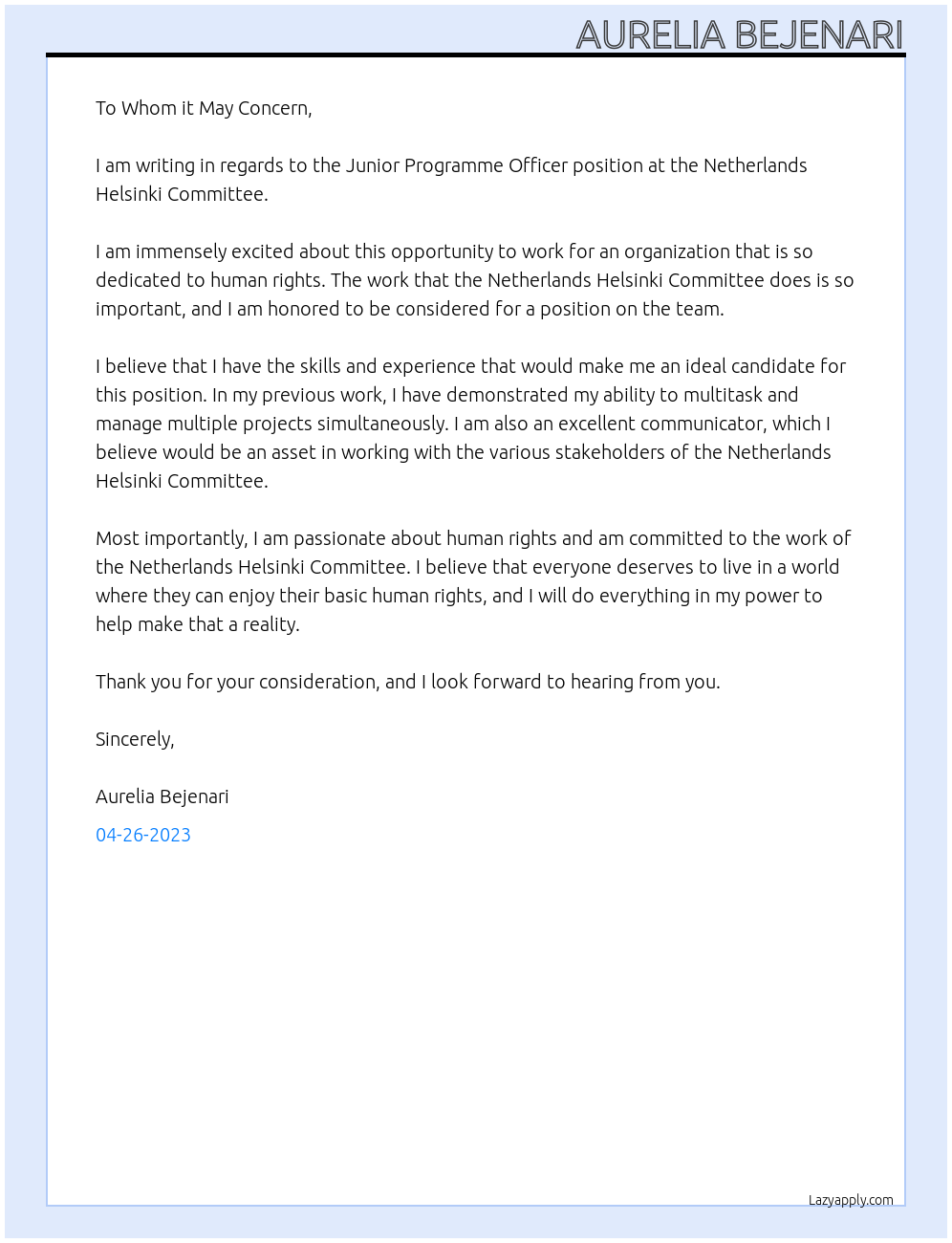 Junior Programme Officer At Netherlands Helsinki Committee Cover Letter