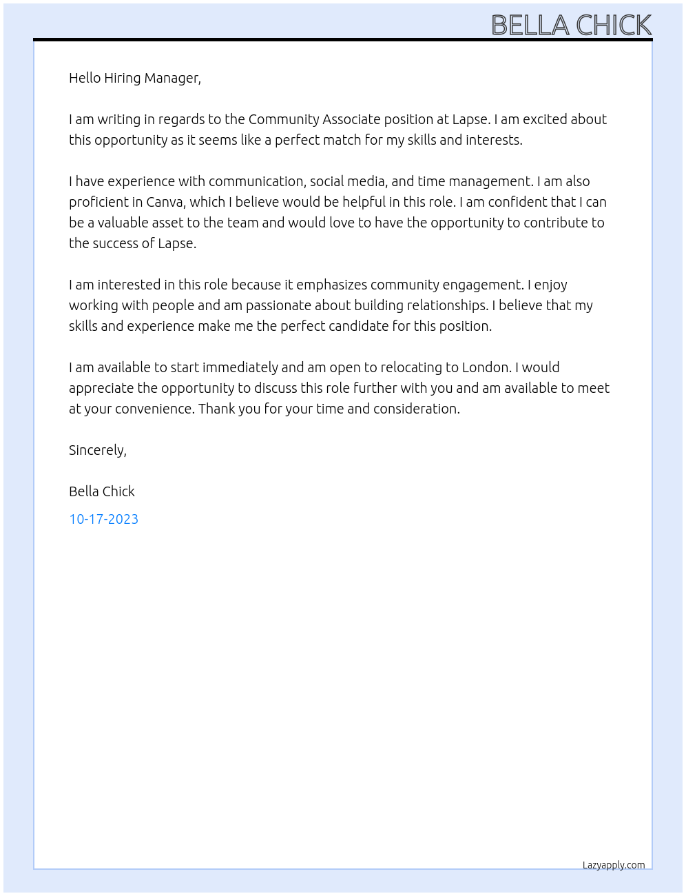 Community associate  At Lapse Cover Letter