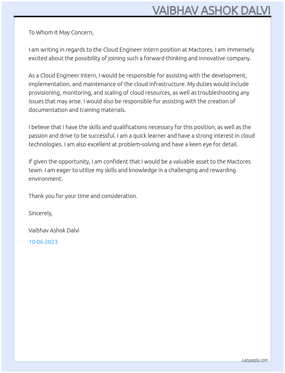 Cloud Engineer Intern At Mactores Cover Letter