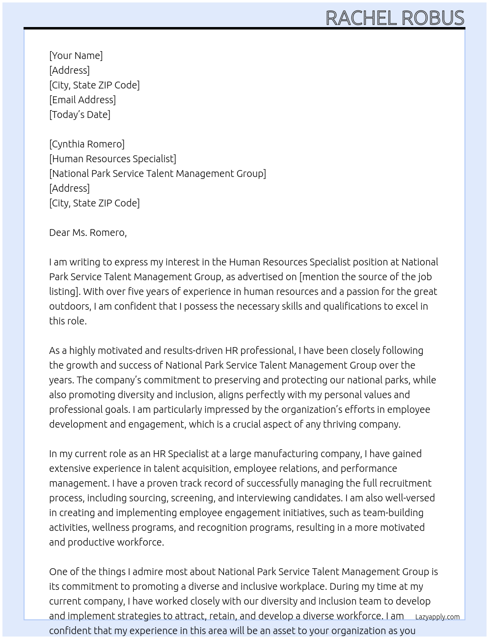 Human Resources Specialist At National Park Service Talent Management Group Cover Letter