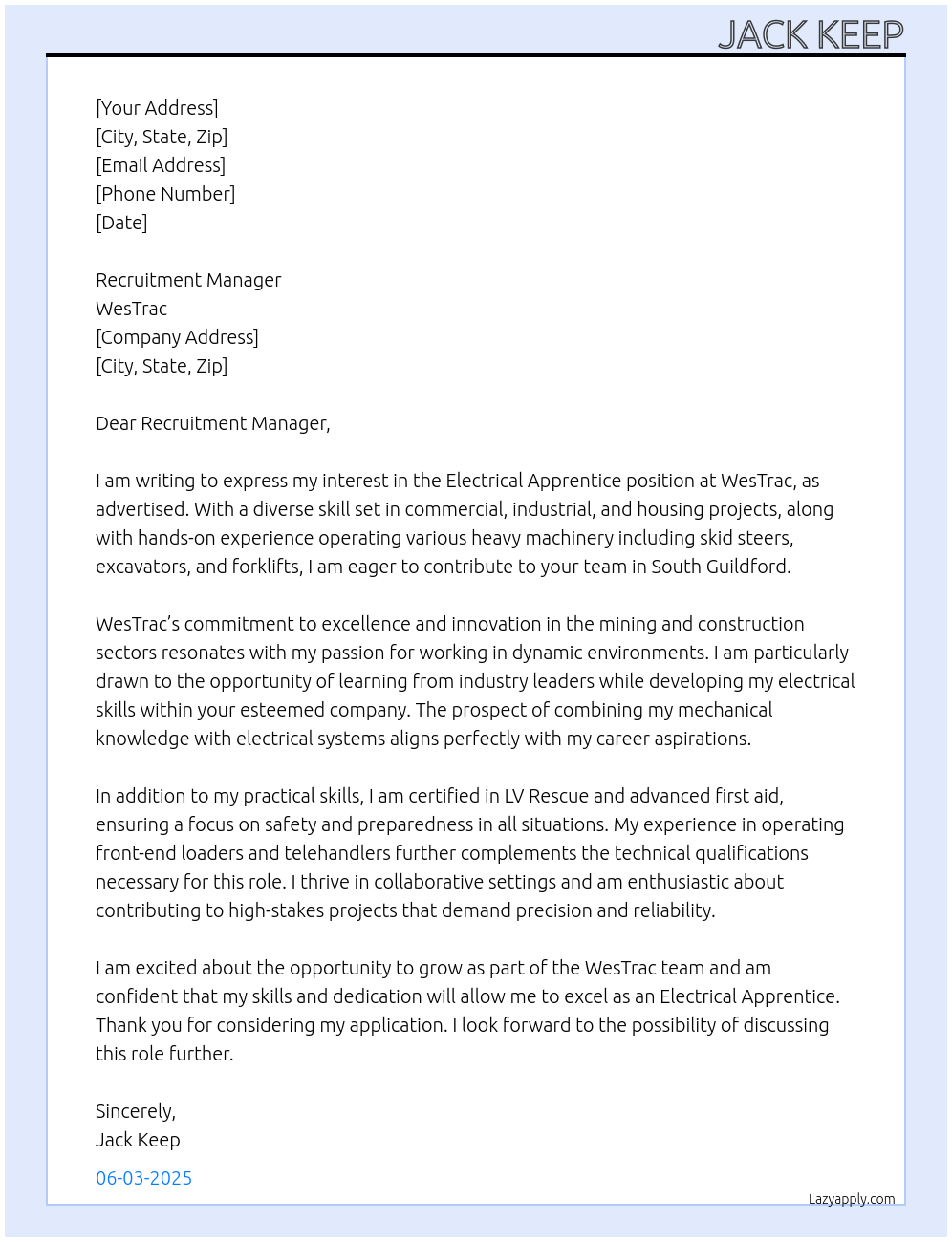 Cover letter for electrical apprentice - LazyApply