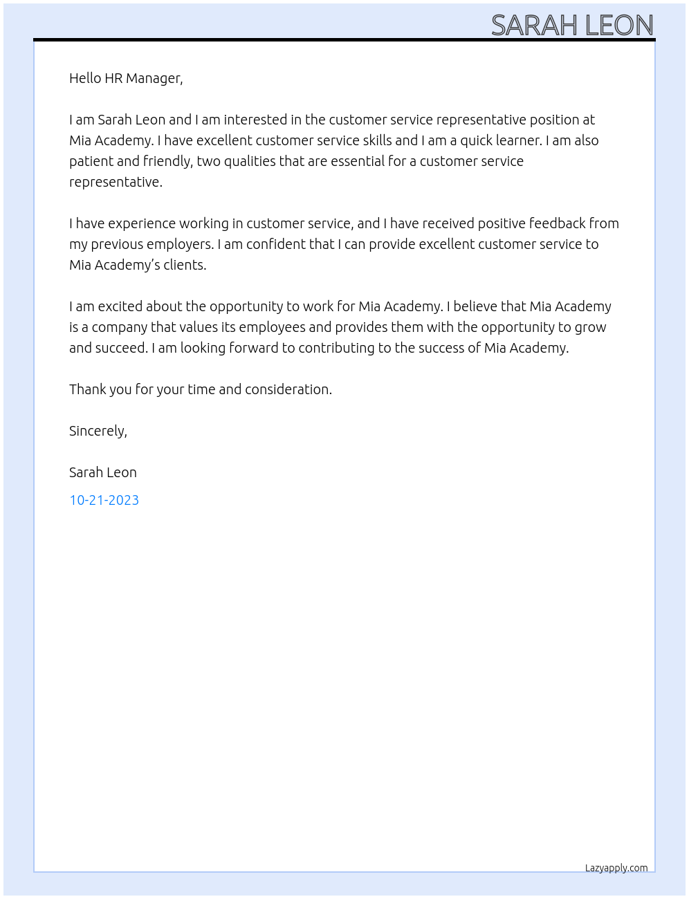customer service rep At miaacademy Cover Letter