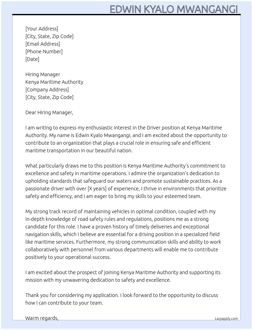 Driver position At Kenya Maritime Authority Cover Letter