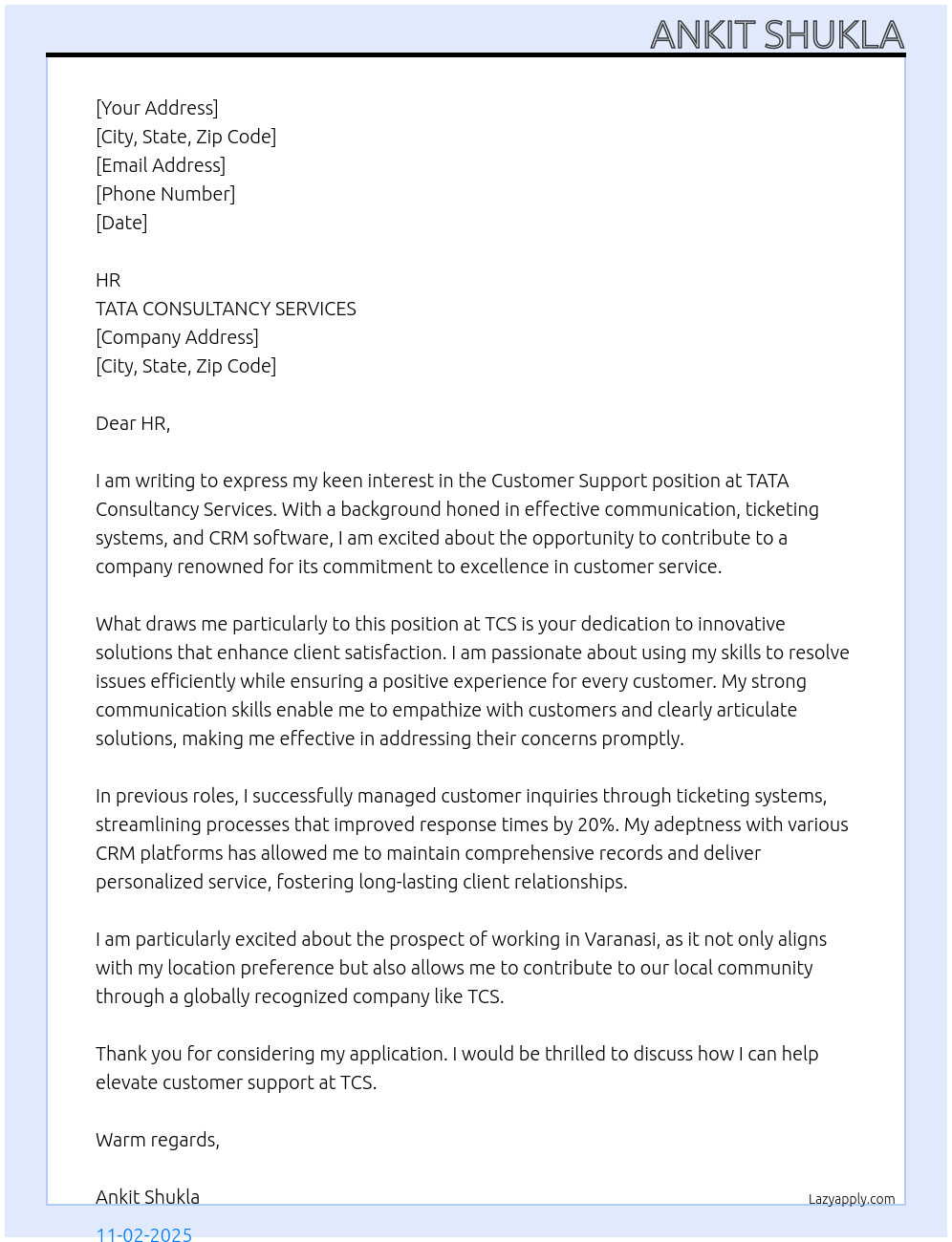Customer Support At TATA COSULTANCY SERVICES Cover Letter