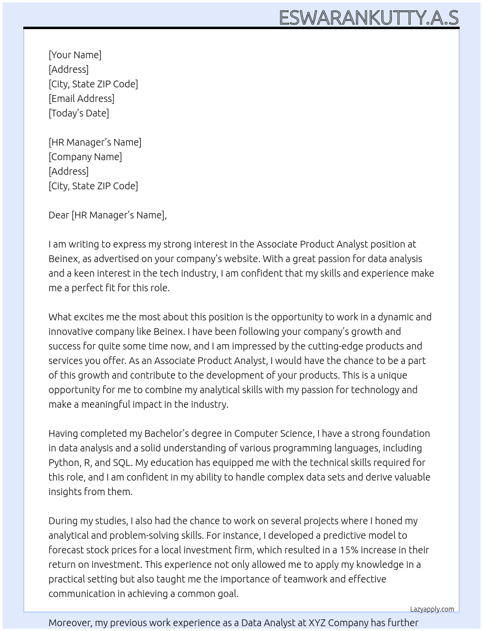 Associate product analyst  At Beinex Cover Letter