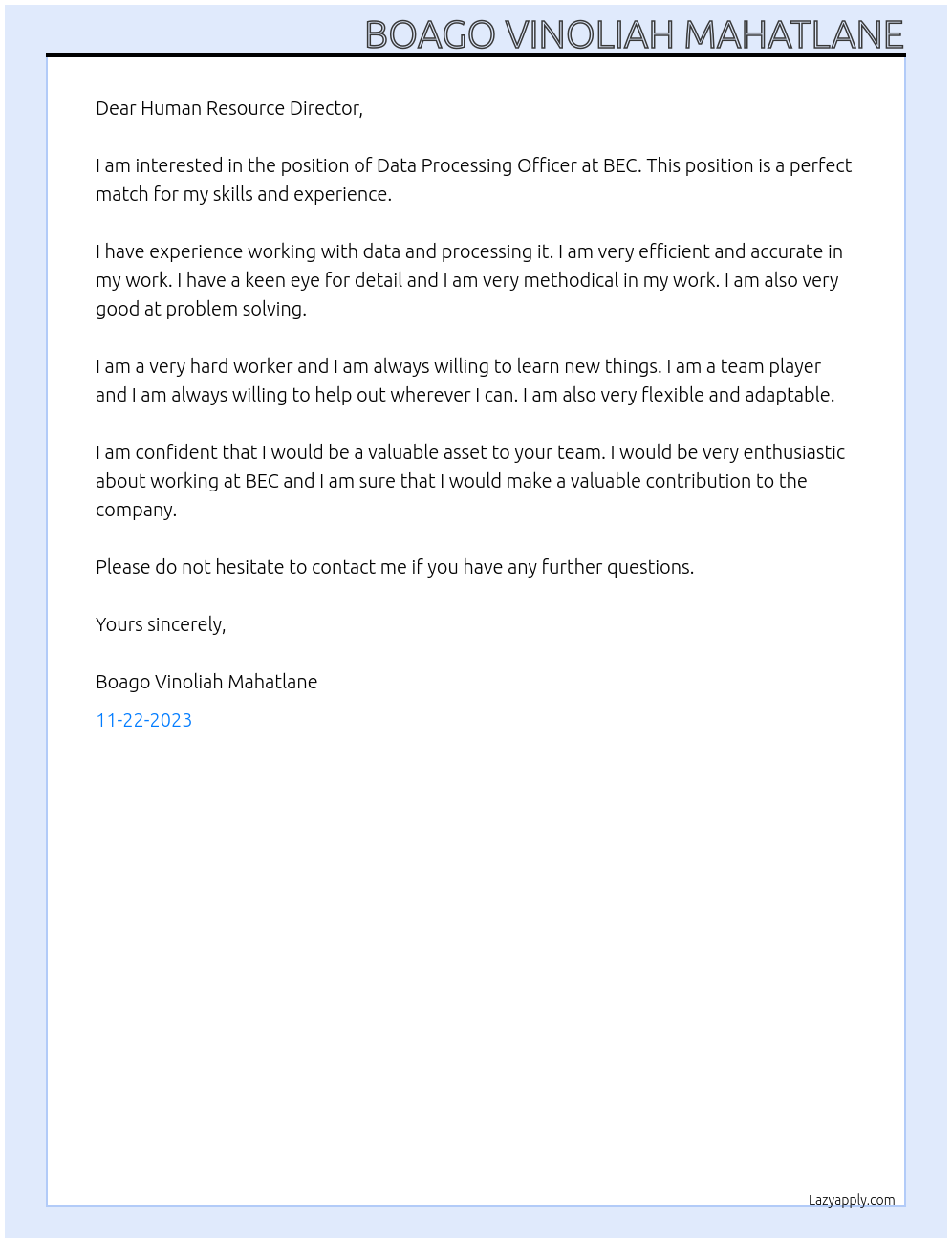 Data Processing Officer  At BEC Cover Letter
