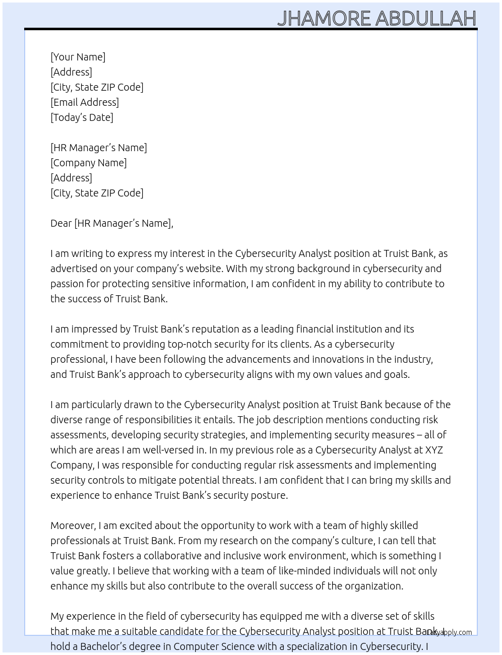 Cybersecurity Analyst At Truist Bank Cover Letter
