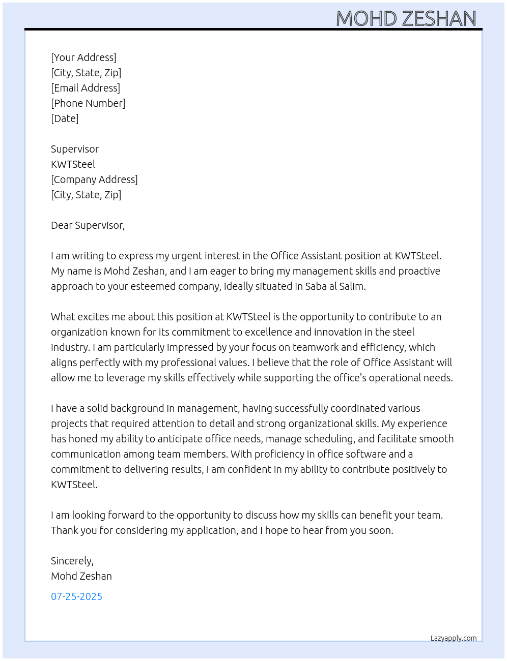 Office assistant  At (KWTSteel) Cover Letter