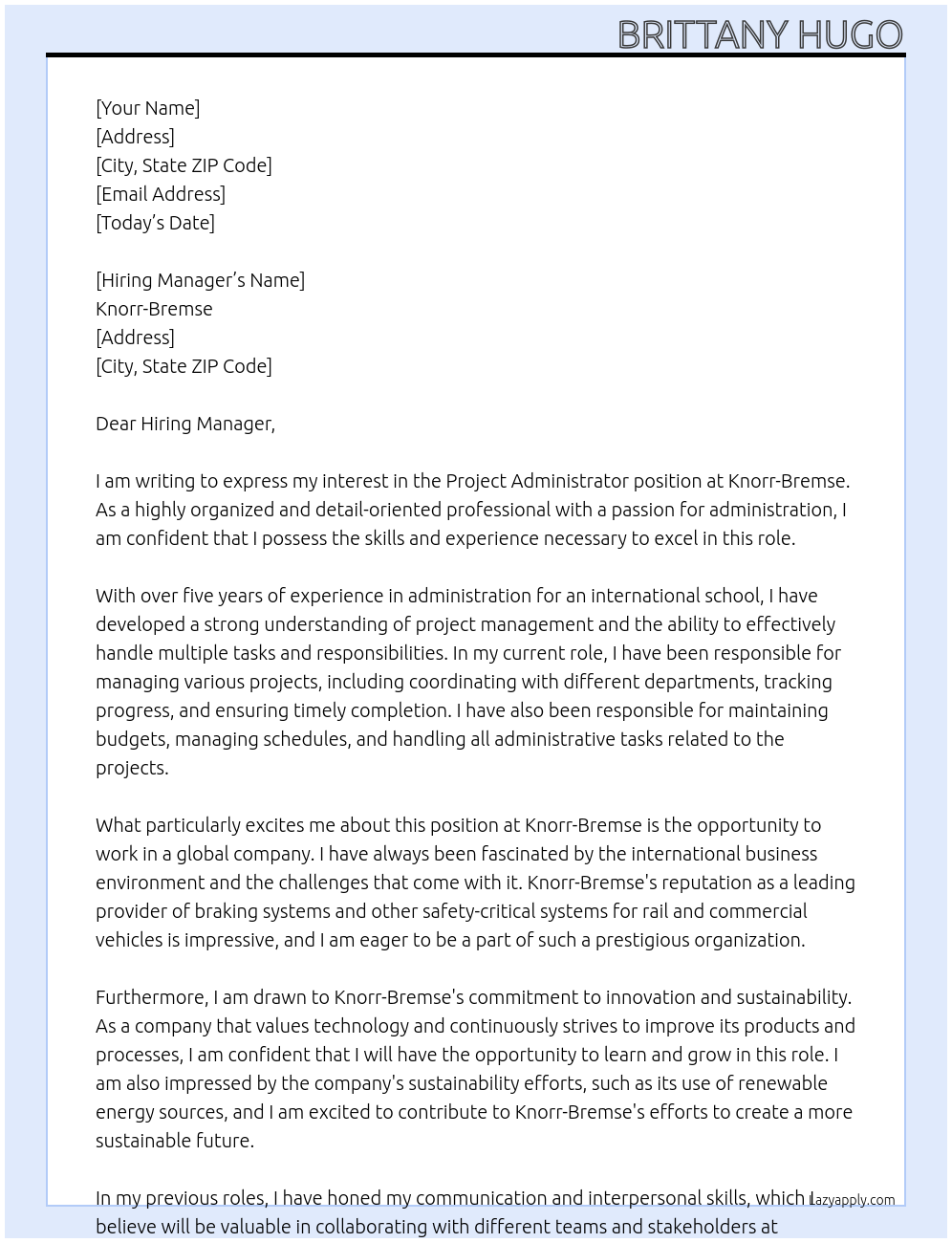 Project Administrator At Knorr-Bremse Cover Letter