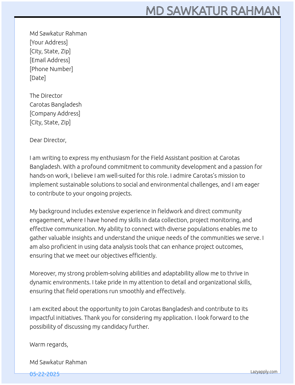 Field assistant At carotas Bangladesh Cover Letter