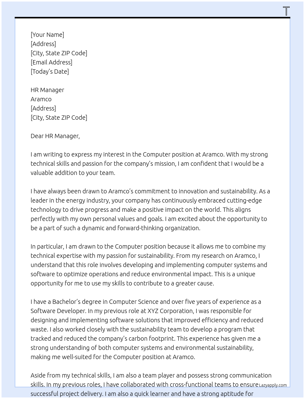 Computer At Aramco Cover Letter