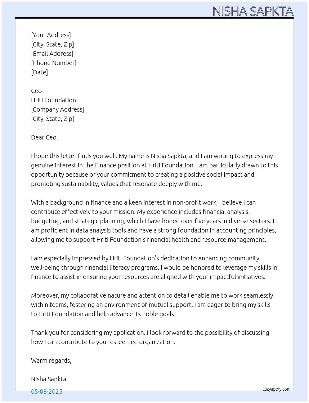 Finance At Hriti foundation Cover Letter