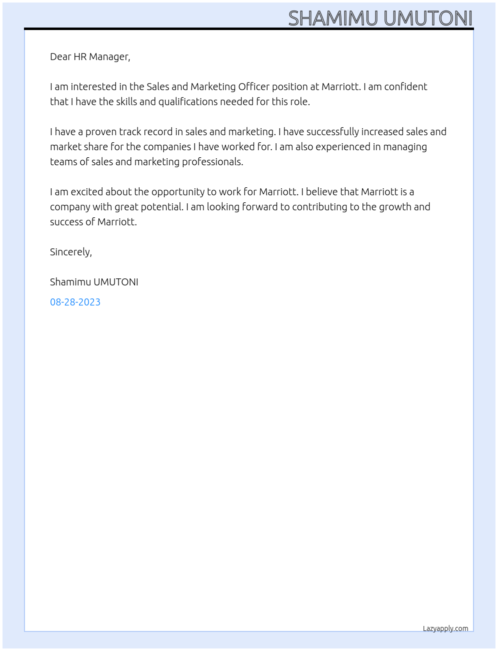 Sales and Marketing Officer At MARRIOTT Cover Letter