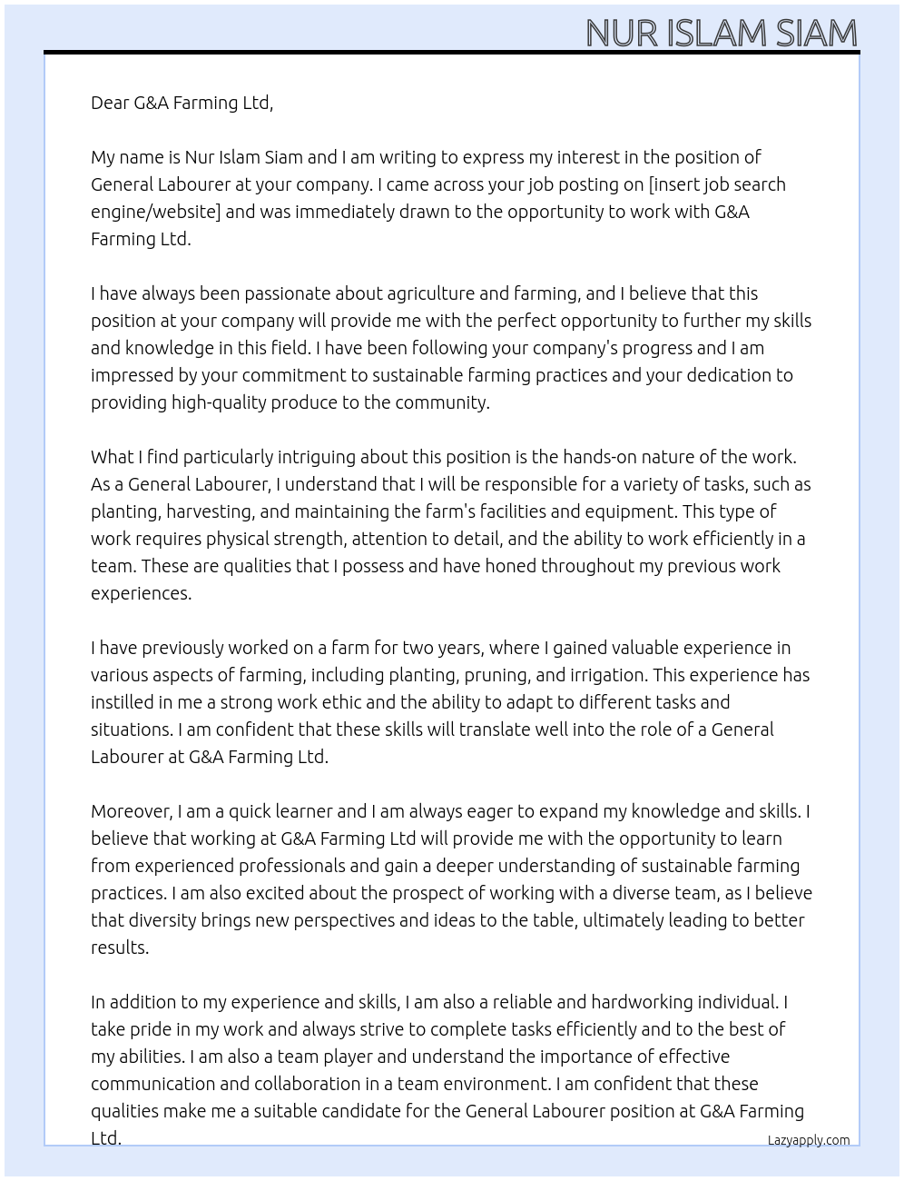 General labourer At G&A Farming Ltd Cover Letter