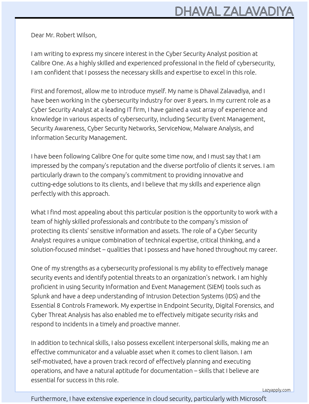 Cyber Security Analyst At Calibre One Cover Letter