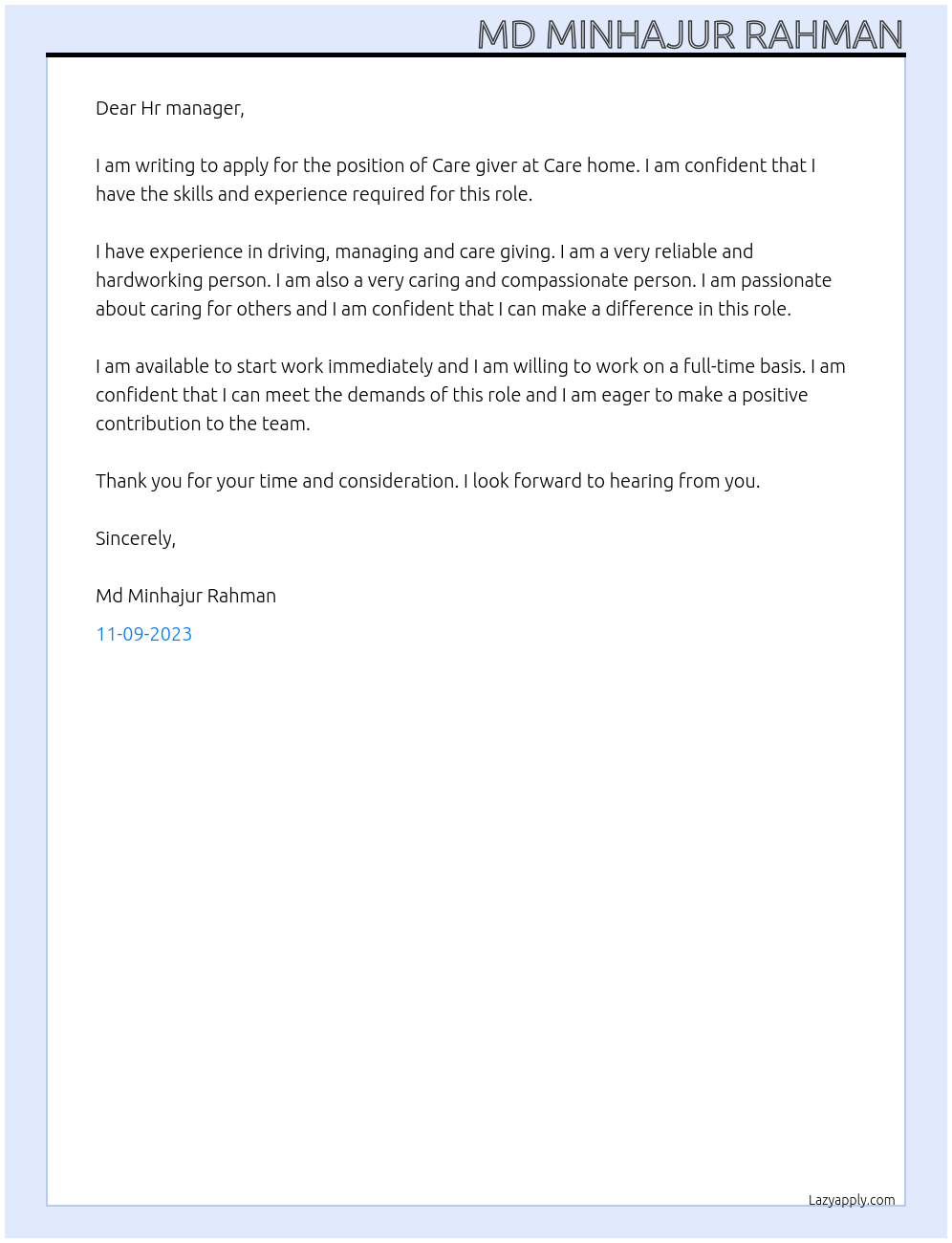 Care giver At Care home Cover Letter