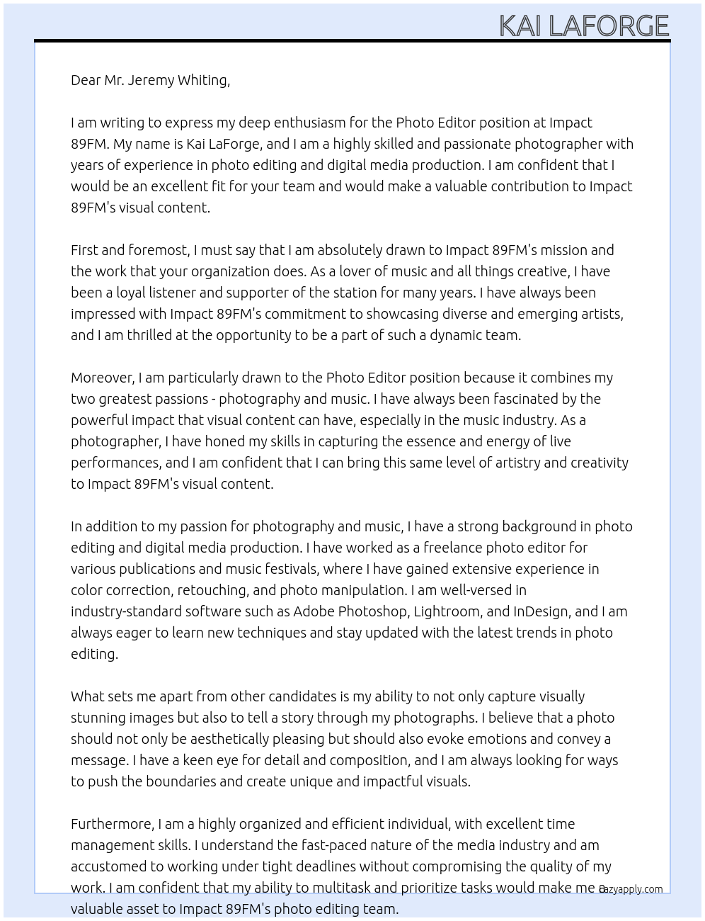 Photo editor At Impact 89FM Cover Letter