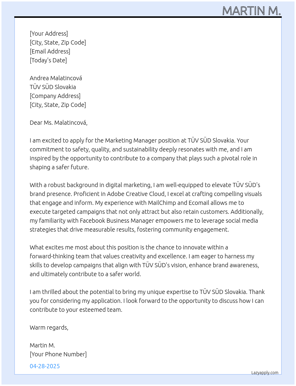 Marketing Manager At TÜV SÜD Slovakia Cover Letter