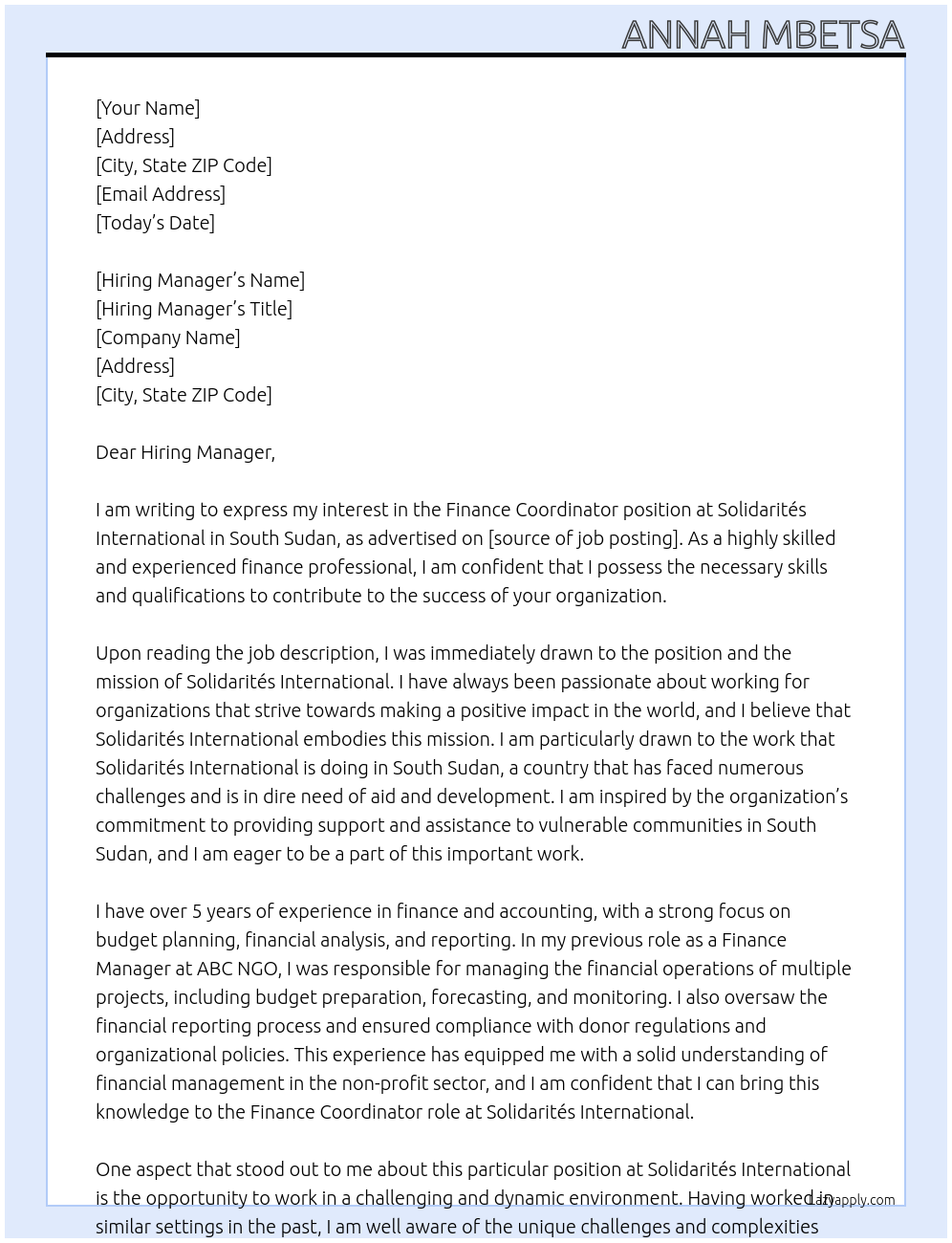 Finance Coordinator  At Solidarités International Cover Letter