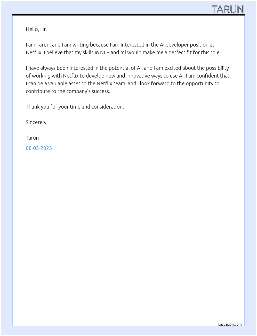 Ai developer At Netflix Cover Letter
