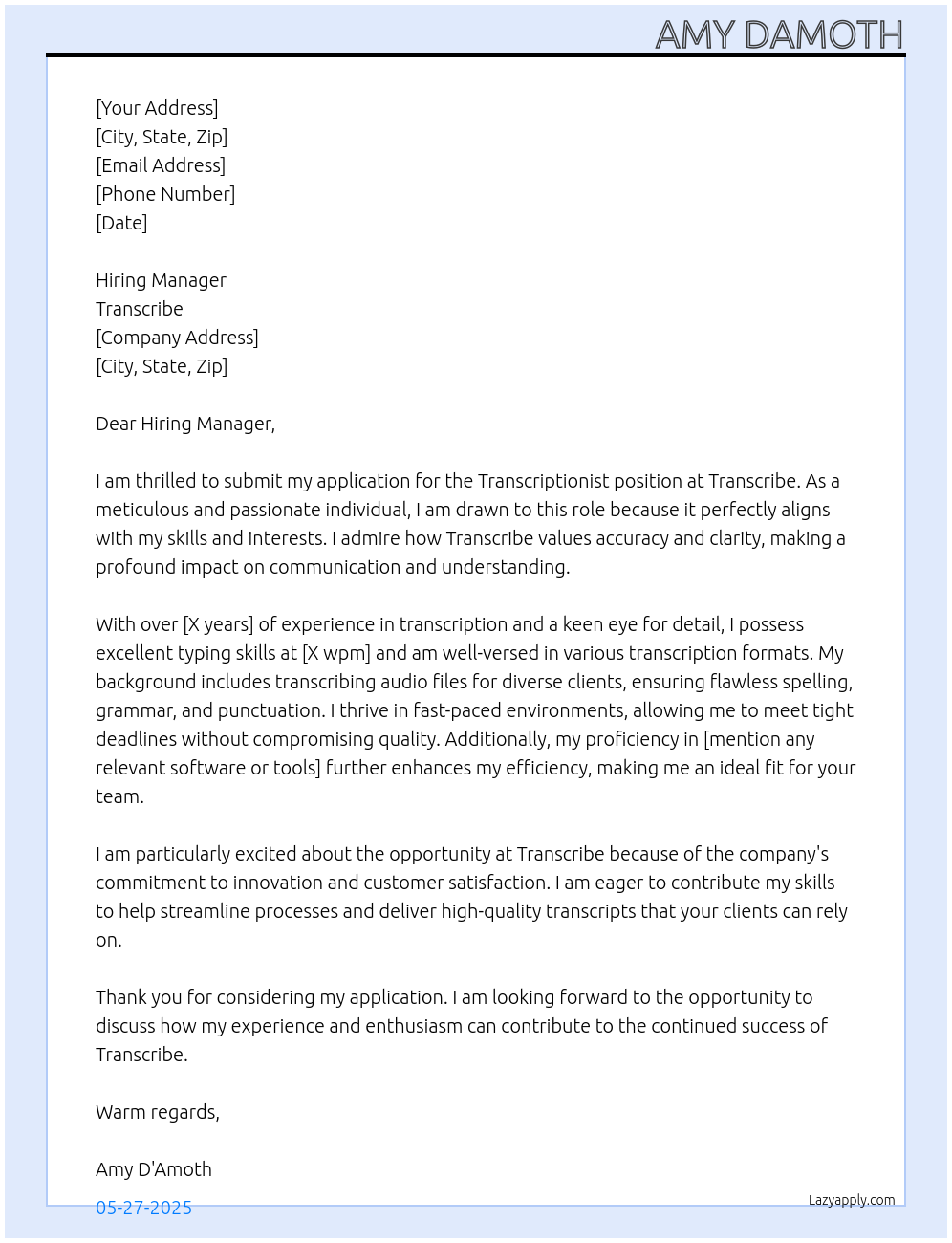 Transcriptionist At Transcribe Cover Letter