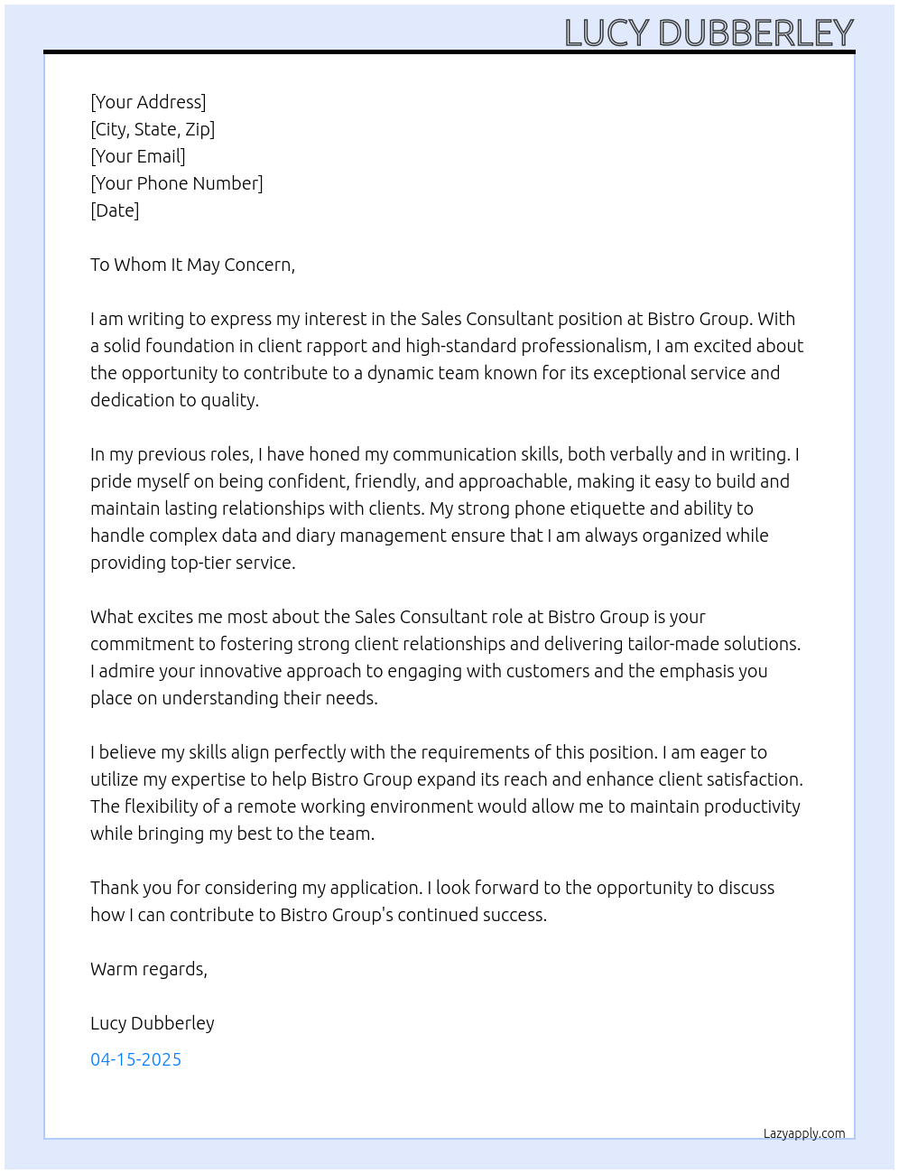 Sales consultant At Bistro group Cover Letter