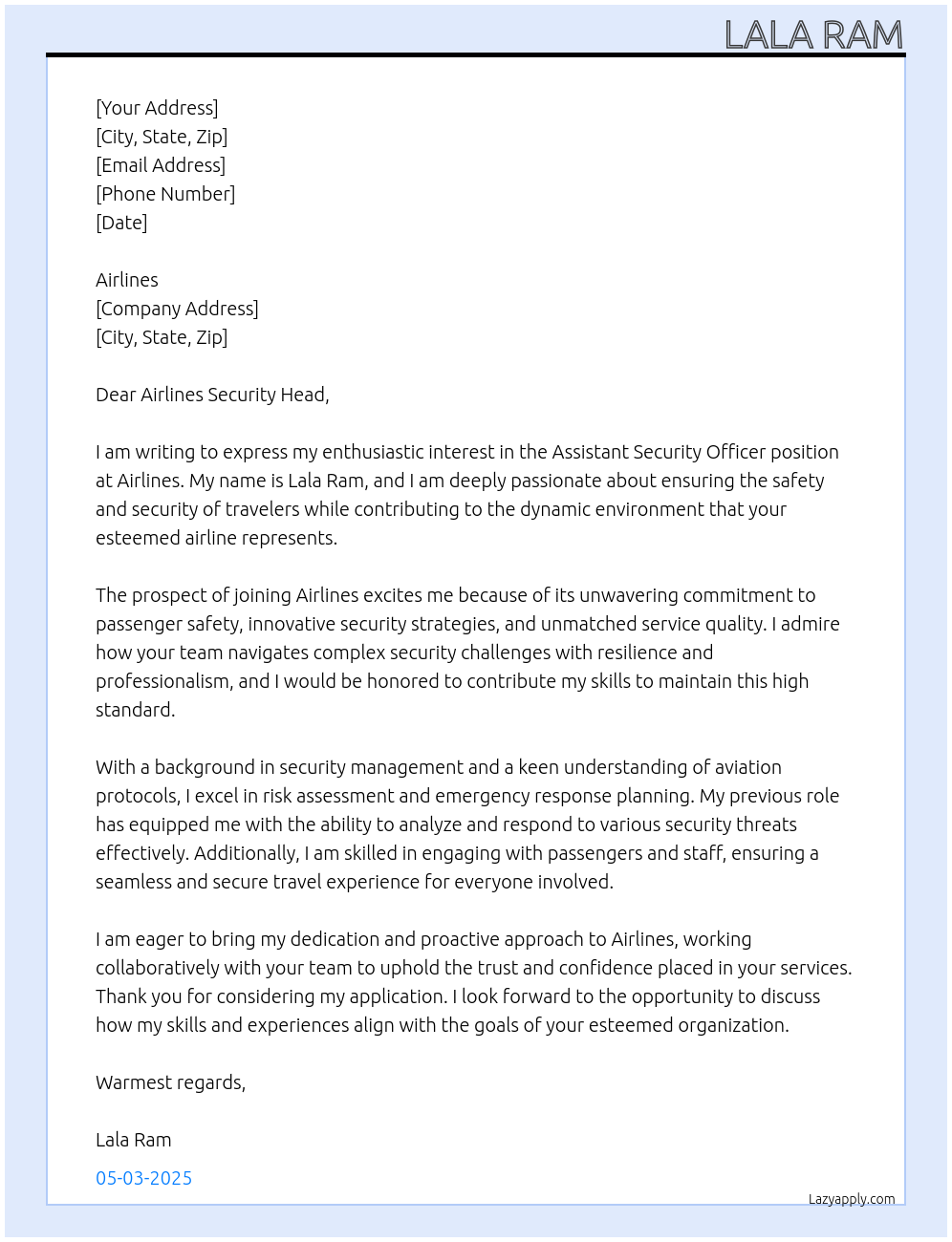 Assistant security officer  At Airlines  Cover Letter