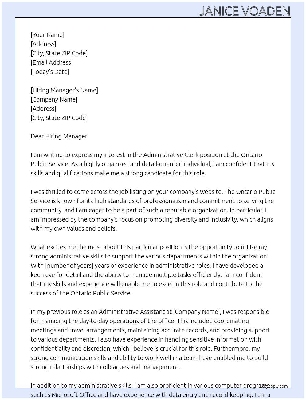 Administrative Clerk At Ontario Public Service Cover Letter